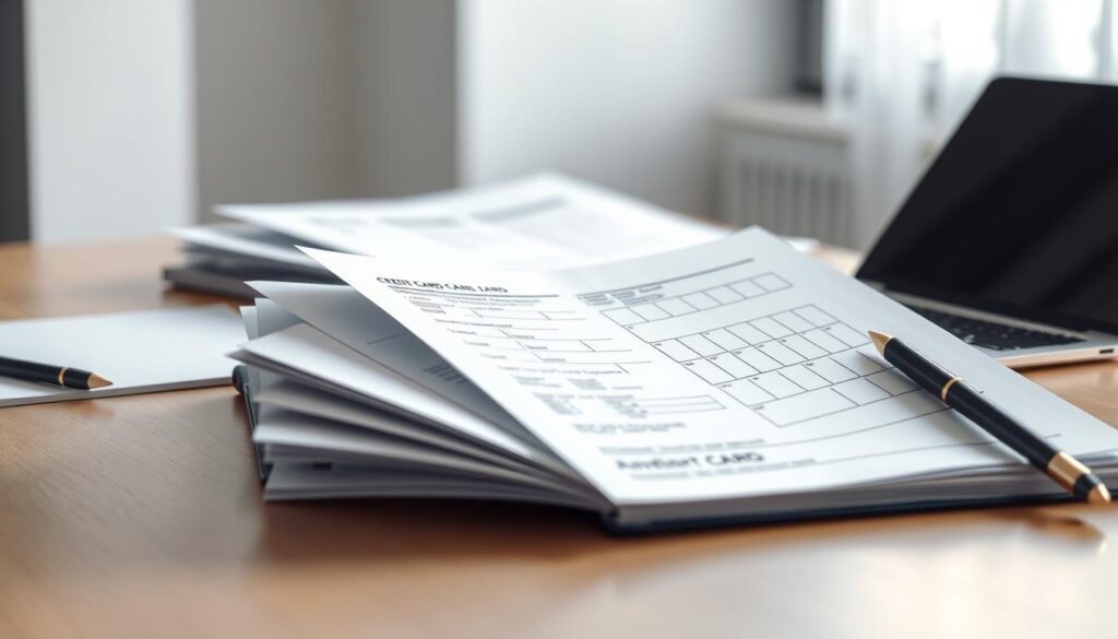 A modern office desk with a stack of paperwork, a laptop, and a pen neatly arranged. In the foreground, an opened credit card application form, its fields partially filled out, conveying the process of applying for a credit card. The lighting is soft and natural, creating a professional and focused atmosphere. The background is blurred, emphasizing the application form as the central focus. The overall scene reflects the step-by-step process of applying for a credit card in Denmark, inviting the viewer to imagine themselves in the midst of this common financial task.