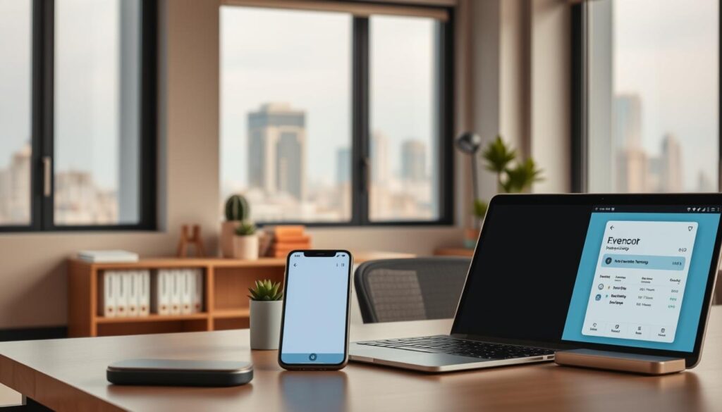 A modern office interior with a clean, minimalist aesthetic. In the foreground, a desk with a laptop, smartphone, and a sleek financial planning app displayed on the screen. Muted, earthy tones throughout, creating a serene, productivity-focused atmosphere. The middle ground features a bookshelf with personal finance books, a succulent plant, and a compact wireless charging station. In the background, large windows offer a view of a cityscape, subtly hinting at the urban context. Soft, diffused lighting casts a warm glow, emphasizing the technological tools and resources for effective money management. The composition aims to convey a sense of organized simplicity, reflecting the efficient, technology-driven approach to personal savings. A modern office interior with a clean, minimalist aesthetic. In the foreground, a desk with a laptop, smartphone, and a sleek financial planning app displayed on the screen. Muted, earthy tones throughout, creating a serene, productivity-focused atmosphere. The middle ground features a bookshelf with personal finance books, a succulent plant, and a compact wireless charging station. In the background, large windows offer a view of a cityscape, subtly hinting at the urban context. Soft, diffused lighting casts a warm glow, emphasizing the technological tools and resources for effective money management. The composition aims to convey a sense of organized simplicity, reflecting the efficient, technology-driven approach to personal savings.