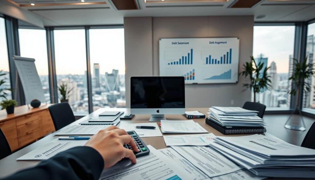 A modern office interior with a large desk, a computer, and various financial documents and reports. In the foreground, a person's hands are using a calculator and organizing credit card statements and loan documents. The middle ground features a wall with a whiteboard displaying charts and graphs related to debt management. The background showcases floor-to-ceiling windows overlooking a cityscape, conveying a sense of professionalism and financial expertise. The lighting is soft and warm, creating a productive and contemplative atmosphere. The overall scene emphasizes the importance of responsible credit and debt management.