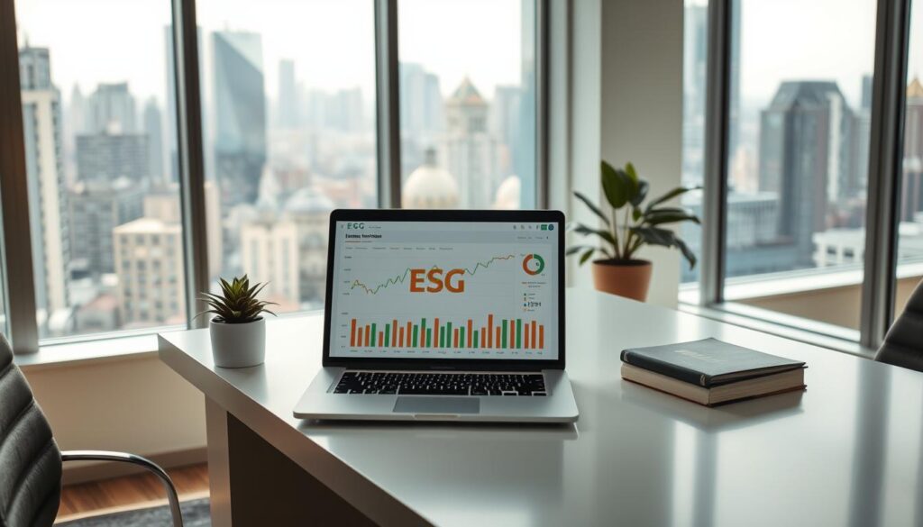 A modern office interior with a large window overlooking a bustling city skyline. On the desk, a laptop displays financial data and graphs related to ESG (Environmental, Social, and Governance) investment criteria. The space is well-lit, with warm, natural lighting filtering in from the window. Tasteful, minimalist decor includes a potted plant and a few carefully curated books on sustainable finance. The overall atmosphere conveys a sense of professionalism, diligence, and a forward-thinking approach to responsible investing.