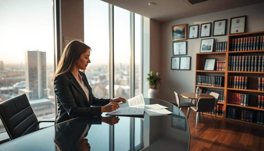 A modern office interior with a large window overlooking the city skyline. In the foreground, a businesswoman in a smart suit sits at a sleek glass desk, reviewing documents related to consumer protection laws. The room is bathed in warm, natural lighting, creating a professional yet approachable atmosphere. On the walls, framed certificates and awards highlight the company's commitment to ethical business practices and consumer advocacy. In the background, bookshelves filled with legal volumes and a small conference table suggest an environment dedicated to understanding and upholding consumer rights in Latvia. A modern office interior with a large window overlooking the city skyline. In the foreground, a businesswoman in a smart suit sits at a sleek glass desk, reviewing documents related to consumer protection laws. The room is bathed in warm, natural lighting, creating a professional yet approachable atmosphere. On the walls, framed certificates and awards highlight the company's commitment to ethical business practices and consumer advocacy. In the background, bookshelves filled with legal volumes and a small conference table suggest an environment dedicated to understanding and upholding consumer rights in Latvia.