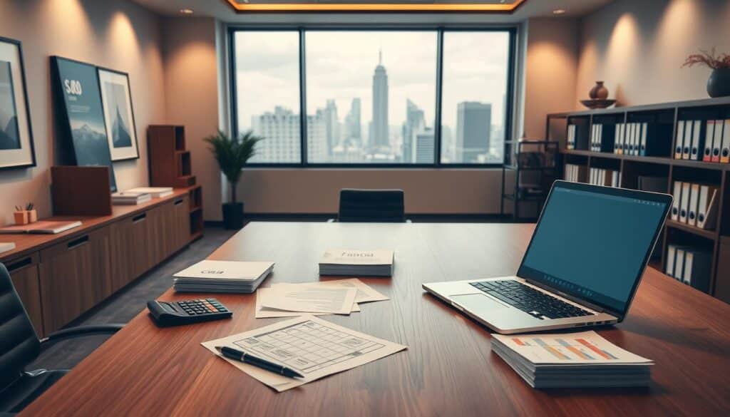 A modern office interior with a large wooden desk and a laptop computer. On the desk, there are stacks of financial documents, a calculator, and a pen. The walls are adorned with minimalist artwork and shelves holding books and binders. The lighting is warm and indirect, creating a focused, professional atmosphere. In the background, a window offers a view of a bustling city skyline. The overall scene conveys a sense of efficiency, organization, and financial expertise.