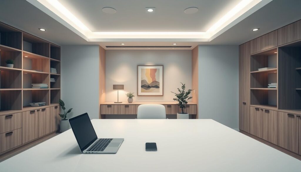 A modern office interior with a minimalist, Scandinavian-inspired design. A large, uncluttered desk takes center stage, with a sleek laptop, a mobile phone, and a simple digital display showing charts and graphs. The walls are lined with built-in shelves and cabinets in a light wood finish, creating a clean, organized look. Soft, indirect lighting from recessed ceiling fixtures and a large window illuminates the space, casting a warm, natural glow. In the background, a potted plant and a framed abstract artwork add subtle pops of color, while the overall atmosphere conveys a sense of efficiency, productivity, and financial well-being.