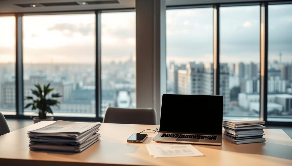 A modern office interior with a minimalist desk setup. On the desk, there are two laptops, a smartphone, and stacks of documents, representing the process of comparing and choosing insurance policies. The lighting is soft and natural, casting a warm, inviting glow. The background features floor-to-ceiling windows overlooking a cityscape, symbolizing the broader context of the article's topic. The overall atmosphere is one of focus, research, and informed decision-making, reflecting the section title "Hur du jämför och väljer rätt försäkringar".