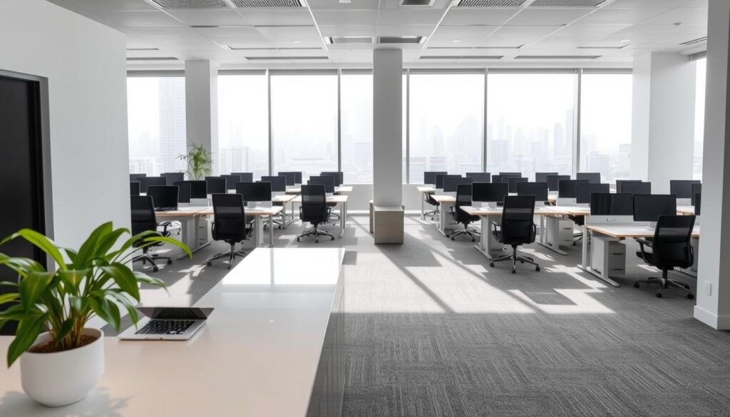 A modern office interior with a minimalist, open-plan layout. The foreground features a reception desk with a sleek, glass-paneled surface and a potted plant for a touch of greenery. In the middle ground, rows of empty desks and chairs suggest a vacant workspace, with natural light streaming in through large windows along the side. The background showcases a view of the city skyline outside, creating a sense of urban setting. The mood is one of professional yet tranquil atmosphere, conveying the concept of efficient property management and minimized vacancy risk.
