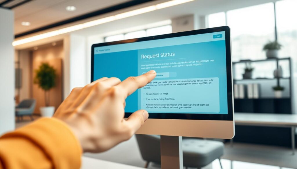 A modern office interior, with a sleek computer monitor displaying an online banking interface. The screen shows a "Request Status" section, with a progress indicator, and detailed information about the application review process. In the foreground, a hand gently touches the screen, conveying a sense of anticipation and active engagement. Soft, indirect lighting casts a warm, professional glow, while the background features minimalist furnishings and decor, creating a clean, organized atmosphere. The overall composition emphasizes the seamless integration of technology and personal finance, capturing the essence of the "Cómo verificar el estado de tu solicitud" section.