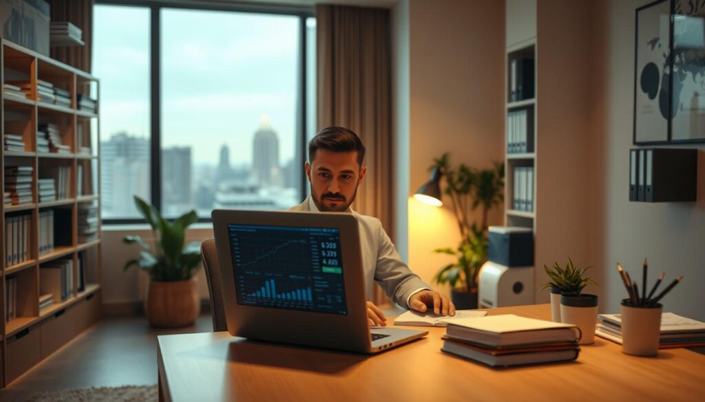 A modern office interior with a warm and inviting atmosphere. In the foreground, a businessperson sits at a neatly organized desk, focused on a laptop screen displaying financial calculations. Surrounding them, shelves of books and folders suggest an environment of careful tax planning and optimization. The middle ground features a window overlooking a bustling cityscape, hinting at the broader financial landscape. Indirect lighting casts a soft glow, creating a sense of productivity and diligence. The background showcases minimalist decor and neutral tones, allowing the subject matter to take center stage. An aura of professionalism and financial expertise permeates the scene, reflecting the essence of "tax optimization" for individuals.