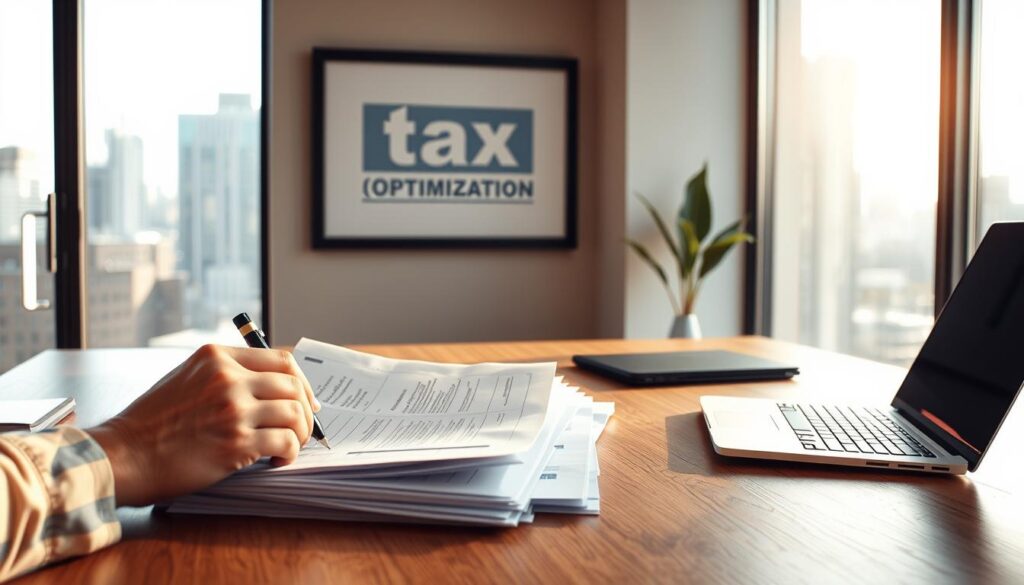 A modern office interior with a wooden desk, a laptop, and a stack of financial documents. In the foreground, a person's hands are meticulously organizing the papers, highlighting and making notes. The lighting is warm and natural, filtering through large windows overlooking a cityscape. On the wall, a framed illustration depicts the concept of "tax optimization" with elegant, minimalist graphics. The overall atmosphere is one of focused productivity and financial expertise.
