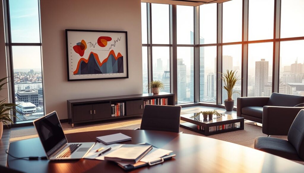 A modern office interior with sleek furniture and large windows bathed in warm, natural lighting. In the foreground, a desk with a laptop, files, and a stylized graph depicting financial data. On the wall, a framed artwork featuring abstract shapes and colors that evoke the concept of tax planning and financial optimization. The middle ground showcases a bookshelf filled with financial management books, while the background reveals a cityscape visible through the windows, symbolizing the broader financial landscape. The overall mood is one of professionalism, productivity, and a sense of strategic financial acumen.