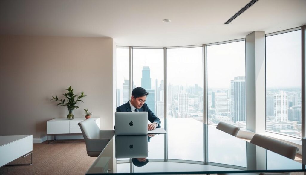 A modern office interior with sleek, minimalist furniture and decor. The walls are painted a neutral tone, creating a calming atmosphere. In the foreground, a well-dressed professional sits at a glass-topped desk, intently focused on a laptop screen, representing the act of wealth management. Behind them, a large window offers a panoramic view of a bustling city skyline, symbolizing the global scale of financial services. Subtle lighting casts a warm glow, while the composition and camera angle convey a sense of authority and expertise. The overall scene embodies the refined, disciplined nature of professional asset management.