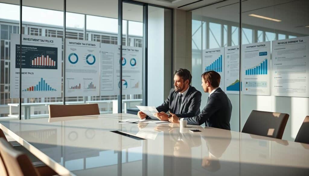 A modern office setting with a glass-walled conference room, where a business executive sits at a sleek desk, reviewing financial documents and discussing investment tax strategies with a colleague. Soft, diffused lighting filters in from large windows, casting a warm, professional glow. The walls display infographics and charts illustrating various investment tax policies and regulations. The scene conveys a sense of informed, analytical decision-making within a sophisticated, corporate environment.