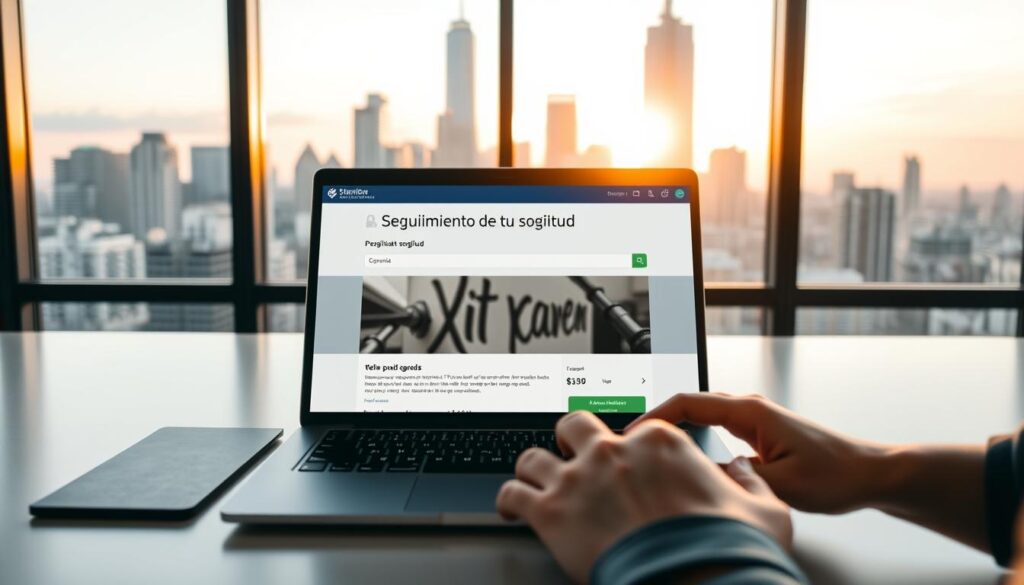 A modern office space with a sleek, minimalist desk showcasing an open laptop displaying the "Seguimiento de tu solicitud" section of a web page. In the foreground, a person's hands are typing on the keyboard, their face obscured. The background features a large window overlooking a bustling city skyline, with a warm, golden hue from the setting sun filtering in. The overall atmosphere conveys a sense of focused productivity and progress, reflecting the theme of tracking a personalized banking application. A modern office space with a sleek, minimalist desk showcasing an open laptop displaying the "Seguimiento de tu solicitud" section of a web page. In the foreground, a person's hands are typing on the keyboard, their face obscured. The background features a large window overlooking a bustling city skyline, with a warm, golden hue from the setting sun filtering in. The overall atmosphere conveys a sense of focused productivity and progress, reflecting the theme of tracking a personalized banking application.