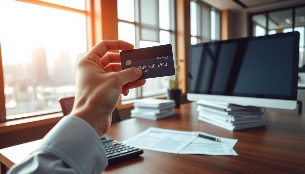 A modern office workspace with a desk, computer, and stacks of documents. In the foreground, an executive's hand holds a credit card, its limit visible on the screen. Warm, natural lighting filters through large windows, creating a focused, professional atmosphere. The middle ground features a meticulously organized desk, with a calculator, pen, and a "Credit Limit Increase" application form. In the background, a city skyline can be seen through the windows, suggesting the financial nature of the scene. The overall mood is one of careful consideration and financial empowerment. A modern office workspace with a desk, computer, and stacks of documents. In the foreground, an executive's hand holds a credit card, its limit visible on the screen. Warm, natural lighting filters through large windows, creating a focused, professional atmosphere. The middle ground features a meticulously organized desk, with a calculator, pen, and a "Credit Limit Increase" application form. In the background, a city skyline can be seen through the windows, suggesting the financial nature of the scene. The overall mood is one of careful consideration and financial empowerment.