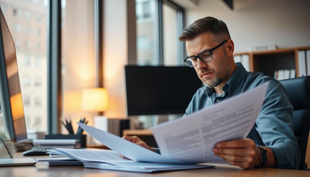 A modern office workspace with a man sitting at a desk, carefully reviewing documents and filling out an application form for a personal loan. The lighting is warm and inviting, with a large window providing natural illumination. The man's expression is focused, his brow furrowed in concentration as he navigates the process of applying for the loan. In the background, a computer monitor and neatly organized office supplies suggest a professional, efficient environment. The scene conveys a sense of diligence and financial responsibility, reflecting the subject of the article's section on the loan application process. A modern office workspace with a man sitting at a desk, carefully reviewing documents and filling out an application form for a personal loan. The lighting is warm and inviting, with a large window providing natural illumination. The man's expression is focused, his brow furrowed in concentration as he navigates the process of applying for the loan. In the background, a computer monitor and neatly organized office supplies suggest a professional, efficient environment. The scene conveys a sense of diligence and financial responsibility, reflecting the subject of the article's section on the loan application process.