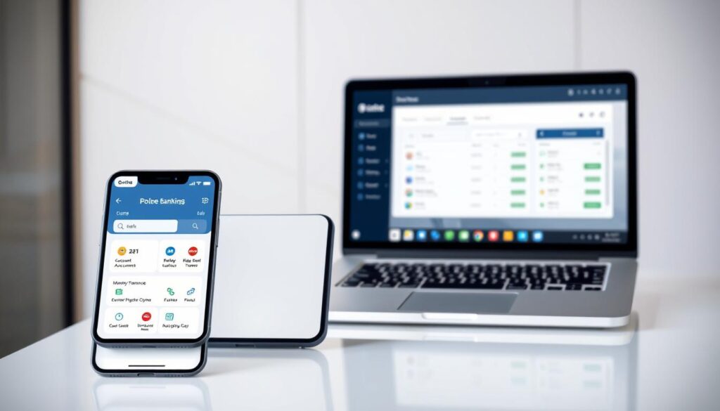 A modern online banking interface showcasing its key functionalities. In the foreground, a sleek mobile device displays a clean, intuitive dashboard with icons for account balances, money transfers, bill payments, and personal finance management. The middle ground features a laptop screen mirroring the mobile interface, highlighting the seamless cross-device experience. In the background, a minimalist office setting with neutral tones and geometric patterns suggests a secure, professional environment. Soft, directional lighting creates depth and emphasizes the user-friendly, technology-driven nature of contemporary online banking.
