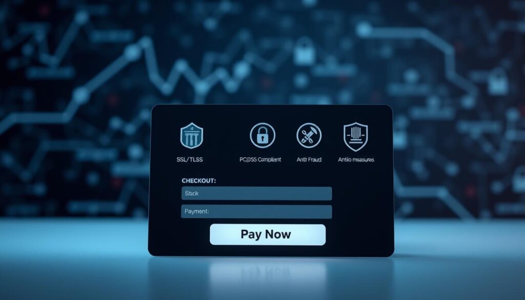 A modern, secure online payment interface with a sleek, minimalist design. The foreground features a minimalist checkout form with fields for payment details and a prominent "Pay Now" button. The middle ground showcases a series of security icons and badges, such as SSL/TLS encryption, PCI-DSS compliance, and anti-fraud measures. The background has a subtle, blurred pattern of data visualization elements, suggesting the robust security infrastructure powering the transaction. The lighting is soft and diffused, creating a sense of trust and reliability. The overall mood is one of efficiency, safety, and customer-centric design.