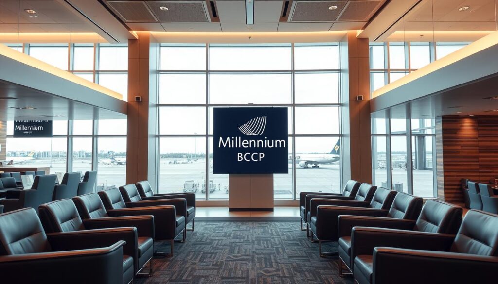 A modern, sleek airport lounge with sophisticated interior design, featuring comfortable leather chairs, wooden accents, and subtle lighting. In the center, a prominent display showcases the "Millennium BCP" logo and branding, highlighting the "Millennium Points" rewards program. The lounge exudes a sense of exclusivity and luxury, reflecting the premium benefits and flexibility offered by the program. Large windows provide natural light and a view of the tarmac, creating a calming and relaxing atmosphere for travelers. The overall scene conveys the idea of earning and redeeming points for seamless and rewarding travel experiences. A modern, sleek airport lounge with sophisticated interior design, featuring comfortable leather chairs, wooden accents, and subtle lighting. In the center, a prominent display showcases the "Millennium BCP" logo and branding, highlighting the "Millennium Points" rewards program. The lounge exudes a sense of exclusivity and luxury, reflecting the premium benefits and flexibility offered by the program. Large windows provide natural light and a view of the tarmac, creating a calming and relaxing atmosphere for travelers. The overall scene conveys the idea of earning and redeeming points for seamless and rewarding travel experiences.