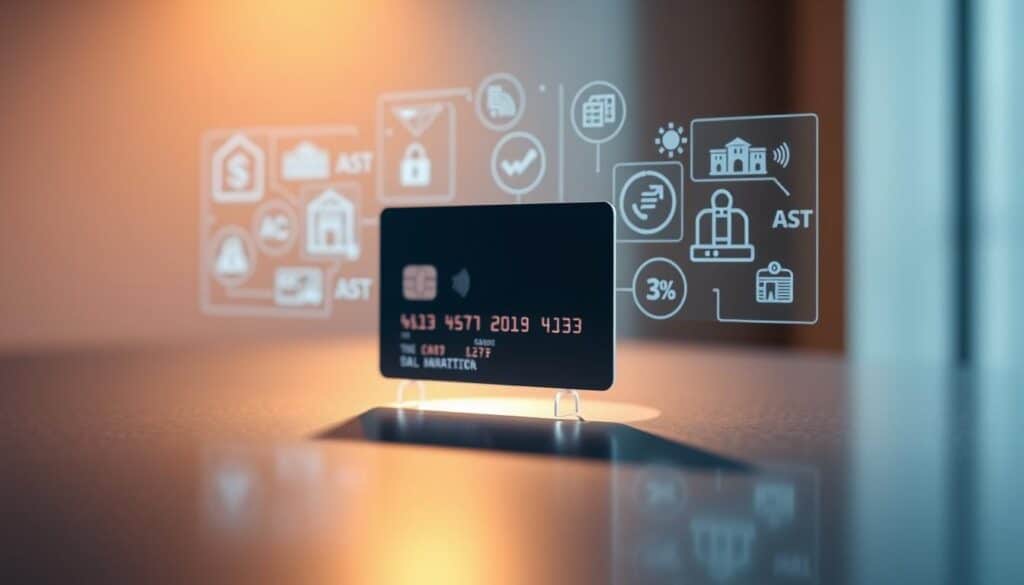 A modern, sleek banking interface showcasing a rewards program and cashback features. In the foreground, a credit card with a minimalist design casts a subtle reflection on a glossy, metallic surface. The middle ground features a holographic display projecting various icons and infographics related to the rewards system, including percentages, points, and dollar signs. The background is a softly blurred gradient, evoking a sense of technological sophistication. Warm, directional lighting from the side creates depth and highlights the card's elegant contours. The overall atmosphere is one of streamlined efficiency and financial empowerment.