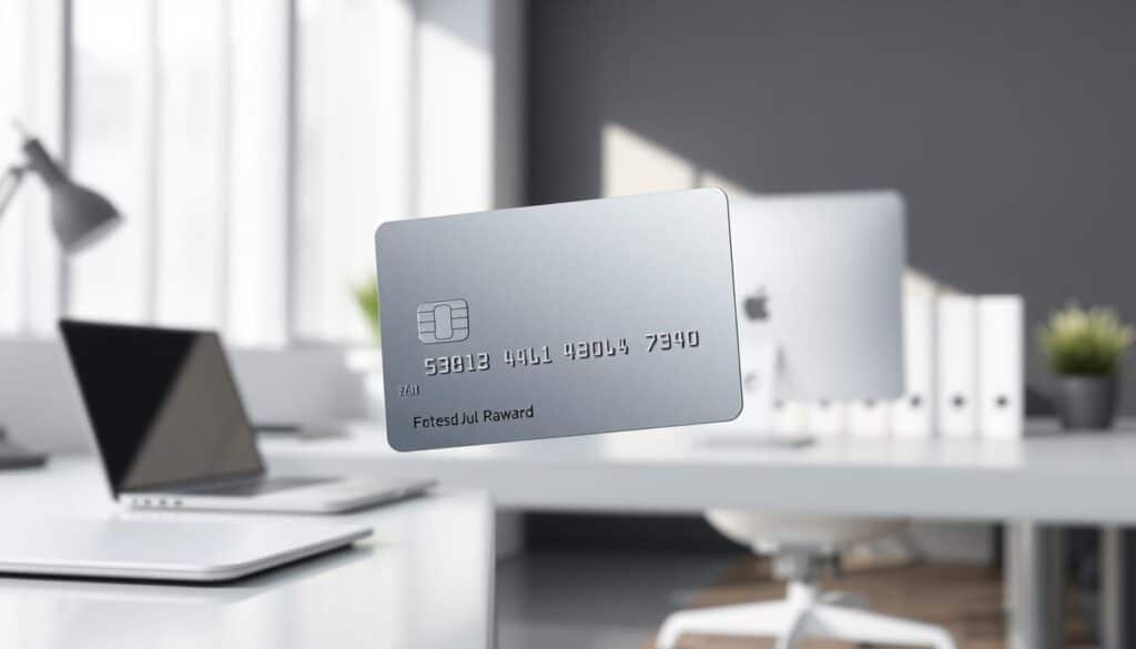 A modern, sleek credit card floating against a backdrop of a minimalist white and grey office space. The card is rendered in high detail, with a glossy, metallic finish that catches the light from a soft, directional source. The foreground is sharp and in focus, while the background is gently blurred, creating a sense of depth and emphasis on the central subject. The overall mood is one of simplicity, elegance, and the benefits of a rewards program - a visual representation of the "Boosid ja lojaalsusprogrammid" section of the article.