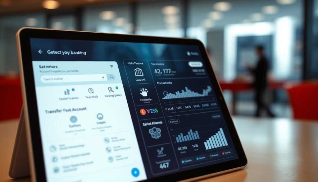 A modern, sleek digital banking interface displayed on a high-resolution tablet or smartphone screen. The foreground shows a clean, minimalist design with intuitive user controls and interactive menus for managing finances, transferring funds, and accessing account details. The middle ground features icons, graphs, and data visualizations illustrating key financial metrics and insights. The background has a subtle, blurred cityscape or office environment, conveying a sense of security, efficiency, and technological innovation. Soft, indirect lighting creates a calm, professional atmosphere. The overall composition highlights the seamless integration of digital tools and banking services, reflecting the section's focus on financial technologies.