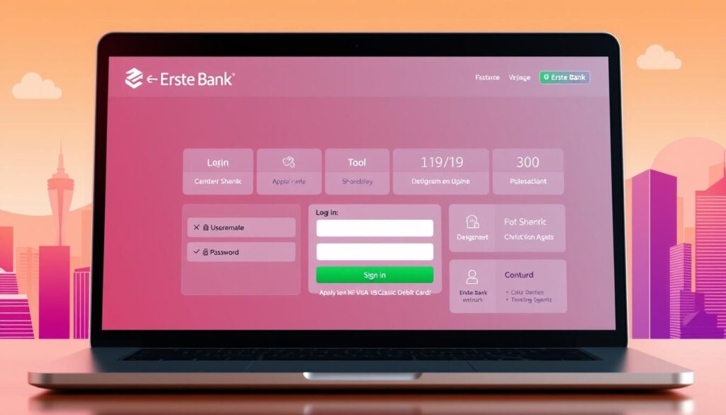 A modern, sleek online banking interface with the "Erste Bank" logo prominently displayed. The foreground features an intuitive login form with fields for username and password, along with a "Sign In" button. The middle ground showcases various banking options and tools, while the background depicts a stylized cityscape with skyscrapers and a vibrant, warm-toned color palette. The overall atmosphere conveys a sense of efficiency, security, and user-friendliness, reflecting the ease of the online application process for the Erste Bank Visa Classic Debit card. A modern, sleek online banking interface with the "Erste Bank" logo prominently displayed. The foreground features an intuitive login form with fields for username and password, along with a "Sign In" button. The middle ground showcases various banking options and tools, while the background depicts a stylized cityscape with skyscrapers and a vibrant, warm-toned color palette. The overall atmosphere conveys a sense of efficiency, security, and user-friendliness, reflecting the ease of the online application process for the Erste Bank Visa Classic Debit card.