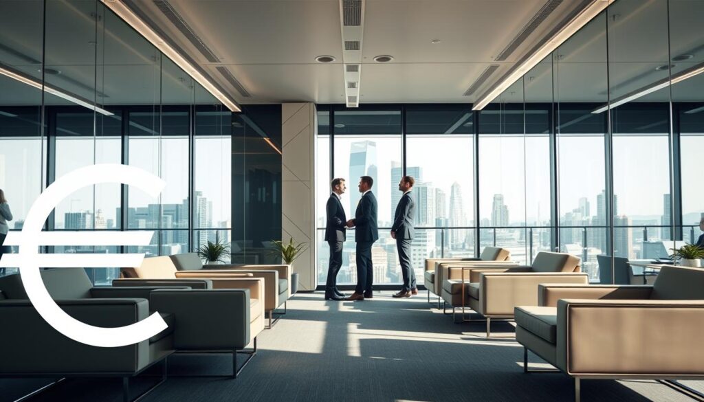 A modern, streamlined financial services office with sleek glass walls and minimalist furniture. The foreground features a stylized illustration of a euro currency symbol, conveying the idea of rapid, efficient financial transactions. In the middle ground, well-dressed professionals are engaged in discussions, hinting at the personalized nature of the services. The background showcases a cityscape through the glass walls, suggesting the urban, metropolitan context of the financial services. The lighting is bright and natural, creating an atmosphere of professionalism and reliability. The overall impression is one of a sophisticated, technology-driven financial services environment that prioritizes speed and trustworthiness.