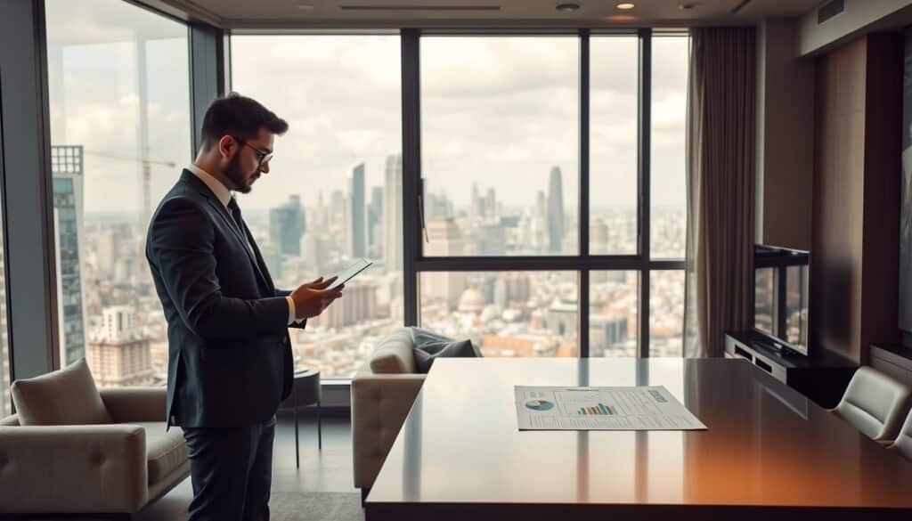 A modern, stylish apartment interior with floor-to-ceiling windows overlooking a bustling cityscape. In the foreground, a well-dressed person stands in front of a large, sleek desk, intently studying real estate documents and financial data on a laptop. The middle ground features a comfortable seating area with a plush couch and armchair, hinting at the residential aspect of the space. The background showcases the urban panorama, with skyscrapers and cranes dotting the horizon, symbolizing the dynamic real estate market. Soft, warm lighting creates a tranquil, contemplative atmosphere, complementing the thoughtful expression of the person engaged in their investment strategy.