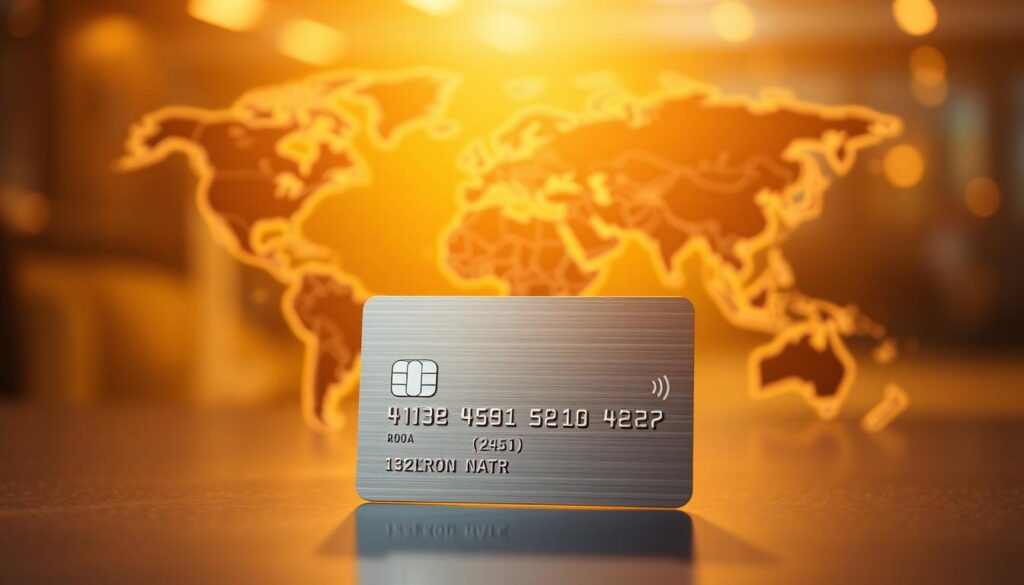 A modern, vibrant image depicting the concept of "해외 결제 수수료". In the foreground, a credit card with a sleek, metallic design is prominently displayed, showcasing its global usage capabilities. The middle ground features a world map subtly in the background, emphasizing the international nature of the transaction. The scene is bathed in warm, golden lighting, creating a sense of sophistication and financial security. The overall composition conveys the idea of seamless, hassle-free overseas payments, perfectly aligning with the section title "해외 사용 및 여행자 보험 혜택". The image is captured with a shallow depth of field, ensuring the credit card is the focal point, drawing the viewer's attention to the key subject matter.