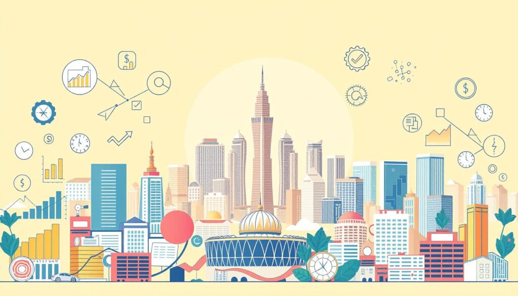 A modern, well-designed illustration of equity funds in the Philippines. In the foreground, a diverse set of financial icons and symbols, such as charts, graphs, and investment portfolios, to represent the different types of equity funds available. In the middle ground, a cityscape of Manila's skyline, with skyscrapers and financial district landmarks, conveying the vibrant economic landscape. The background features a warm, golden-hued color scheme, evoking a sense of growth, prosperity, and stability. The overall composition should strike a balance between the technical elements of the equity funds and the broader Filipino financial context, creating a visually engaging and informative image.