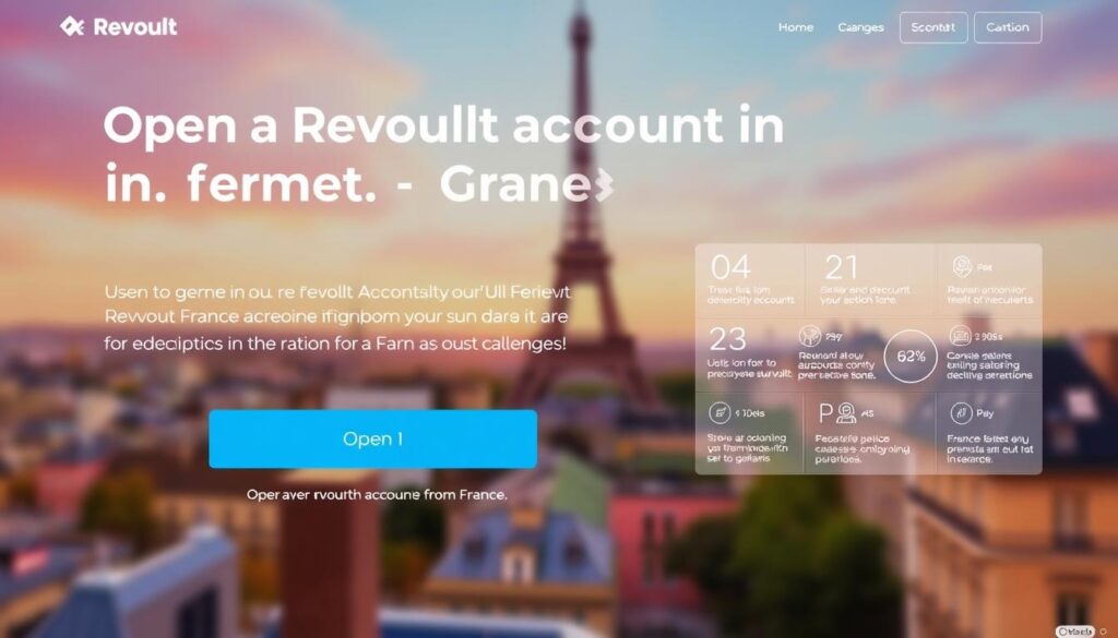 A modern, well-designed landing page for opening a Revolut account in France. The foreground features a clean, minimalist interface with a prominent "Open Account" call-to-action button. In the middle ground, an array of Revolut's core features and benefits are displayed in a sleek, infographic-style layout. The background shows a vibrant, blurred cityscape of Paris, with the Eiffel Tower visible in the distance, conveying a sense of sophistication and the French setting. The overall mood is professional, informative, and visually appealing, inviting the viewer to effortlessly open a Revolut account from France.