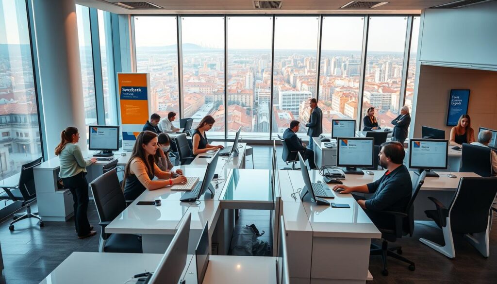 A modern, well-equipped Swedbank customer service office in Spain, with a warm and inviting atmosphere. The foreground features a team of friendly, multilingual representatives assisting customers at sleek, glass-topped desks. The middle ground showcases an open-plan layout with ergonomic chairs and discreet digital signage. In the background, large windows offer panoramic views of a bustling Spanish cityscape, bathed in soft, natural lighting. The overall impression conveys efficiency, professionalism, and a commitment to providing exceptional customer service to Swedbank's international clientele.
