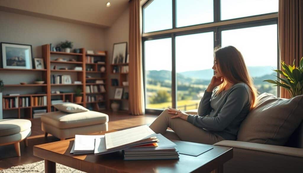 A modern, well-lit interior of a cozy living room with a large window overlooking a scenic landscape. In the foreground, a young couple sits on a comfortable couch, engaged in a discussion about home financing. On the coffee table, a stack of documents and a laptop, representing the process of researching and applying for a mortgage. The middle ground features bookshelves and artwork, creating a welcoming and sophisticated atmosphere. The background showcases the view outside, with rolling hills, lush greenery, and a clear sky, conveying a sense of tranquility and possibility. The lighting is warm and natural, casting a gentle glow throughout the space. The overall mood is one of thoughtfulness, optimism, and financial empowerment.