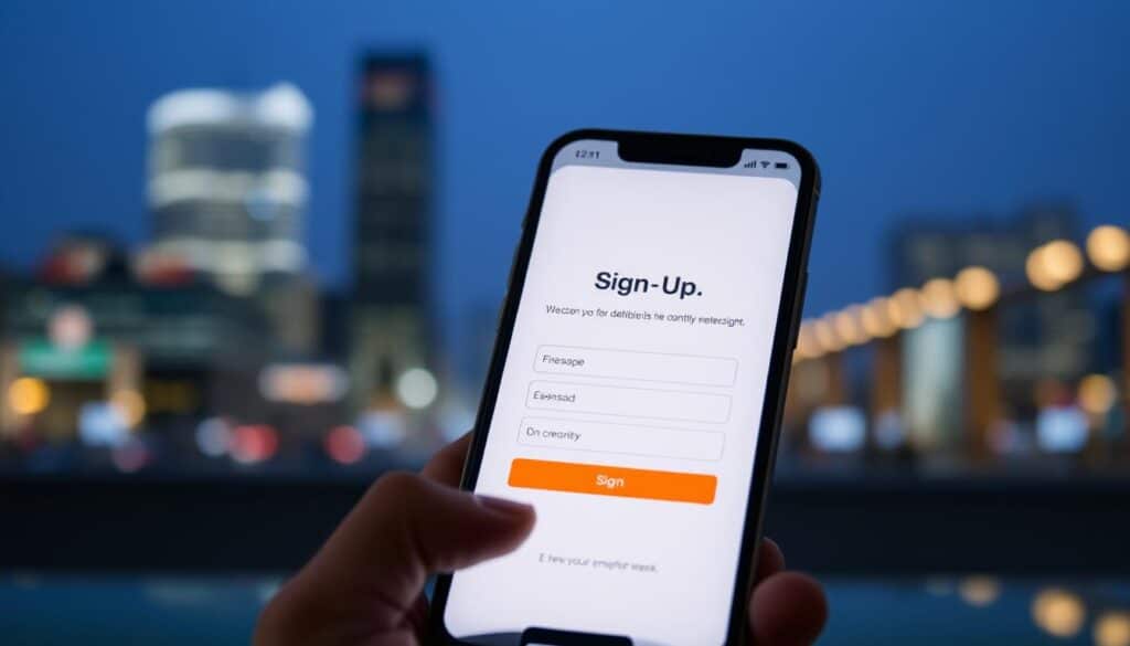A modern, well-lit mobile device screen displaying a streamlined mobile sign-up process. In the foreground, large, clear icons and input fields guide the user through a seamless, intuitive flow. The middle ground features a minimalist, elegant interface design with subtle animations and micro-interactions, creating a sense of responsiveness and efficiency. The background showcases a blurred, out-of-focus cityscape, hinting at the ubiquity and accessibility of the mobile sign-up experience. The overall mood is one of simplicity, speed, and a delightful user experience.