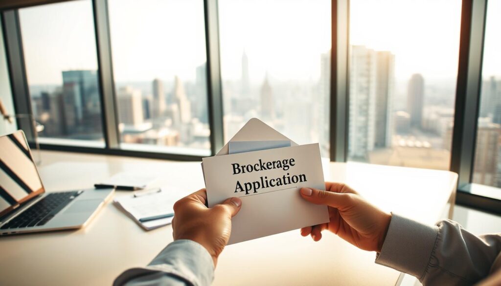 A modern, well-lit office interior with a clean, minimalist desk setup. On the desk, a laptop, a stack of financial documents, and a pen. In the foreground, a person's hands are opening an envelope labeled "Brokerage Account Application". The person's face is not visible. In the background, a large window overlooking a bustling city skyline. Warm, natural lighting fills the room, creating a sense of professionalism and productivity. The overall mood is one of focus, diligence, and the excitement of starting a new financial journey.