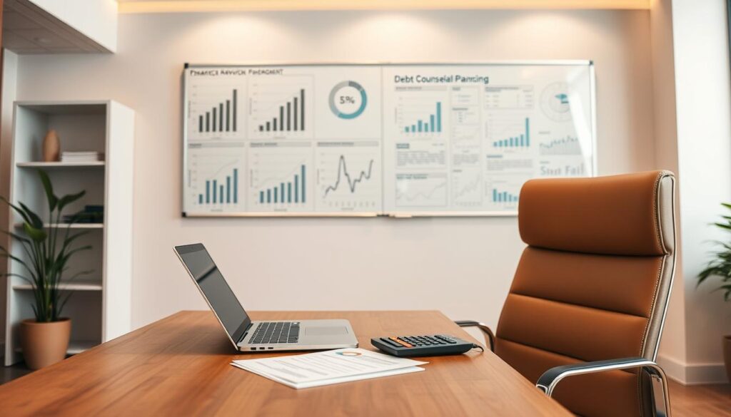 A modern, well-lit office interior with a desk and chair in the foreground. On the desk, a laptop, papers, and a calculator symbolize financial planning and budgeting. In the background, a wall-mounted whiteboard or corkboard displays financial charts, graphs, and notes, representing the process of debt counseling and financial management. Warm, neutral tones create a calming, professional atmosphere, with soft lighting from overhead fixtures. The composition highlights the tools and environment of a financial advisor guiding a client through their economic challenges.