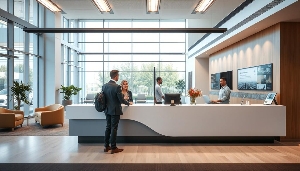 A modern, well-lit office interior with a sleek customer service counter in the foreground. The counter is manned by a friendly-looking customer service representative, attentively assisting a client. The middle ground features comfortable seating areas and informative displays, conveying a professional yet approachable atmosphere. The background showcases floor-to-ceiling windows, allowing natural light to flood the space and creating a sense of openness and transparency. The overall scene exudes a balance of efficiency, helpfulness, and a commitment to positive user experience.