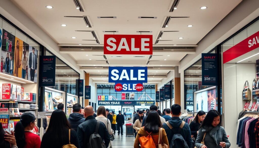A modern, well-lit retail store interior with an assortment of merchandise on display. In the foreground, a group of shoppers attentively examining price tags and discount signs, showcasing a variety of savvy shopping behaviors. The middle ground features a prominent "SALE" sign and colorful promotional banners, creating a sense of excitement and opportunities for savings. The background subtly implies a bustling urban environment, with glimpses of other storefronts and pedestrians through large display windows. The overall atmosphere conveys a balance of practicality, thrift, and the pleasure of finding valuable deals.