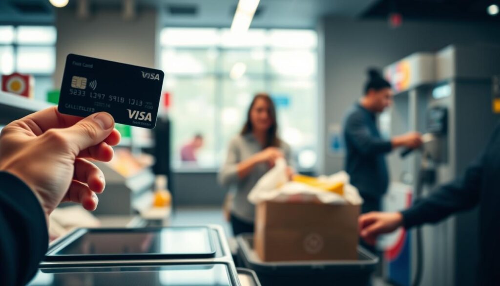 A modern, well-lit scene showcasing everyday use cases for a Visa Classic Debit card. In the foreground, a hand makes a contactless payment at a store checkout, the card's sleek design visible. The middle ground features a person purchasing groceries, and in the background, an individual pays for gas at a fuel station. The scene conveys a sense of effortless, global transactions in a variety of real-world settings. Subtle lighting emphasizes the simplicity and convenience of the card's functionality. Angles are chosen to highlight the versatility of the payment method across common daily activities. A modern, well-lit scene showcasing everyday use cases for a Visa Classic Debit card. In the foreground, a hand makes a contactless payment at a store checkout, the card's sleek design visible. The middle ground features a person purchasing groceries, and in the background, an individual pays for gas at a fuel station. The scene conveys a sense of effortless, global transactions in a variety of real-world settings. Subtle lighting emphasizes the simplicity and convenience of the card's functionality. Angles are chosen to highlight the versatility of the payment method across common daily activities.