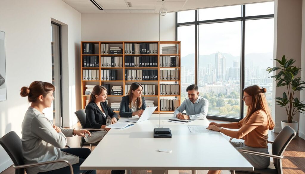 A modern, well-organized office interior with clean lines and minimalist decor. In the foreground, a team of property managers sit around a sleek conference table, reviewing documents and discussing property maintenance plans. Mid-ground, shelves filled with binders and files, conveying the administrative tasks involved in property management. In the background, large windows overlooking a scenic cityscape, suggesting the broader context of the real estate industry. Soft, natural lighting creates a professional and productive atmosphere. The overall scene projects an efficient, data-driven approach to property administration and upkeep.