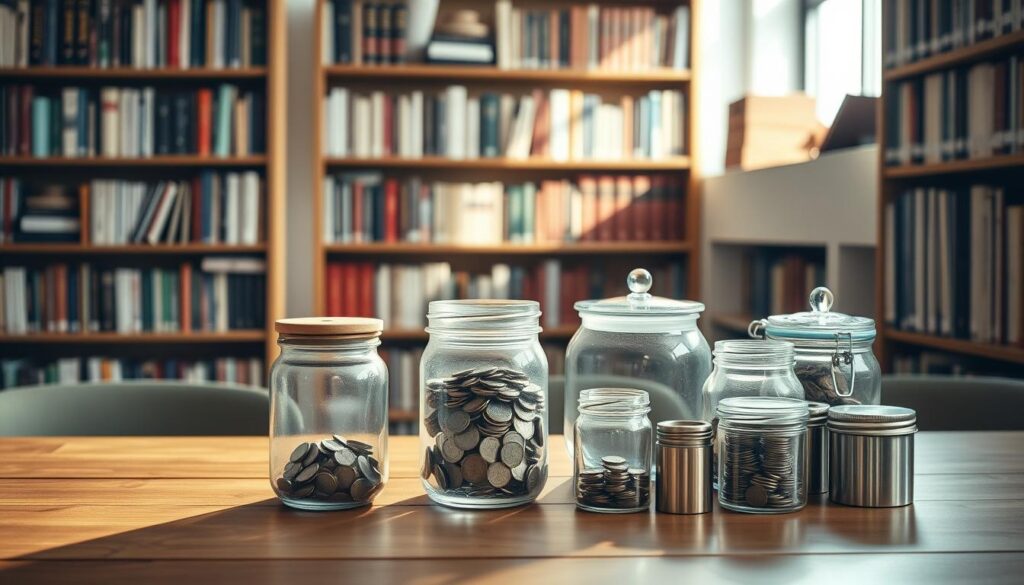 A neatly arranged set of saving jars, glass piggy banks, and metal coin canisters sit atop a wooden table. The items are illuminated by soft, natural lighting streaming in through a nearby window, casting gentle shadows. In the background, bookshelves filled with financial literature create a cozy, scholarly atmosphere. The composition conveys a sense of order, discipline, and a thoughtful approach to personal finance and wealth-building. The overall mood is one of calm, contemplation, and a commitment to responsible financial management. A neatly arranged set of saving jars, glass piggy banks, and metal coin canisters sit atop a wooden table. The items are illuminated by soft, natural lighting streaming in through a nearby window, casting gentle shadows. In the background, bookshelves filled with financial literature create a cozy, scholarly atmosphere. The composition conveys a sense of order, discipline, and a thoughtful approach to personal finance and wealth-building. The overall mood is one of calm, contemplation, and a commitment to responsible financial management.