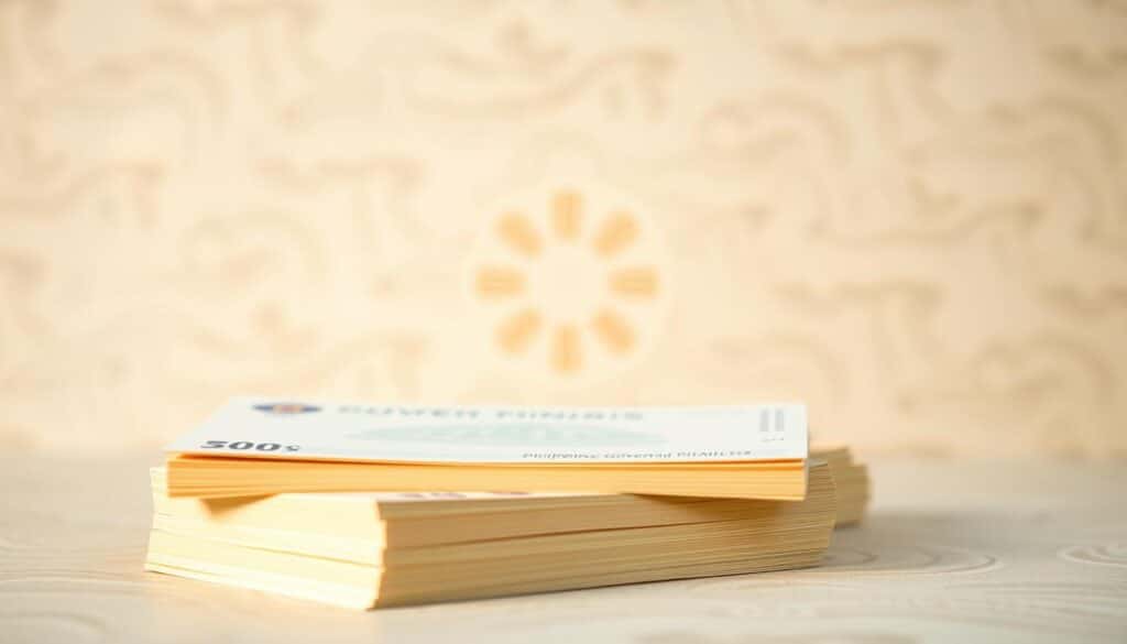 A neatly arranged stack of Philippine government bonds, their crisp, off-white surfaces reflecting the warm glow of a soft, diffused light. The bonds are set against a subtly textured background, hinting at the financial landscape of the Philippines. In the foreground, a sense of stability and reliability emanates from the bonds, while the middle ground showcases the country's distinct national emblem, symbolizing the government's commitment to the financial well-being of its citizens. The overall atmosphere conveys a sense of security and opportunity, inviting Pinoy investors to explore this Pesos-based investment option.