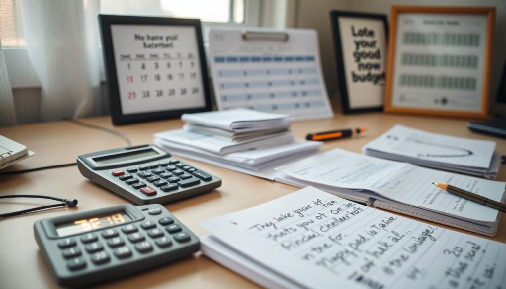 A neatly organized desk, its surface covered in a calculator, stacks of receipts, and a notebook with handwritten notes. Soft, diffused lighting from a window casts a warm glow, creating a sense of focus and productivity. In the background, a calendar and a framed motivational quote hint at the purpose of this meticulous setup - effective personal budgeting. The overall atmosphere is one of financial control and mindfulness, inviting the viewer to engage with the intricacies of managing their own daily expenses.