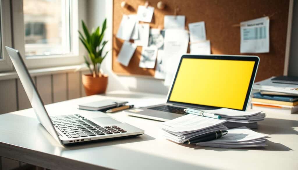 A neatly organized desk with a laptop, calculator, and stack of receipts, illuminated by soft, natural lighting from a nearby window. In the background, a cork board displays various budget-related notes and documents, while a potted plant adds a touch of life to the scene. The overall atmosphere conveys a sense of focus and intentionality, reflecting the individual's dedication to creating a realistic and practical budget for debt reduction.