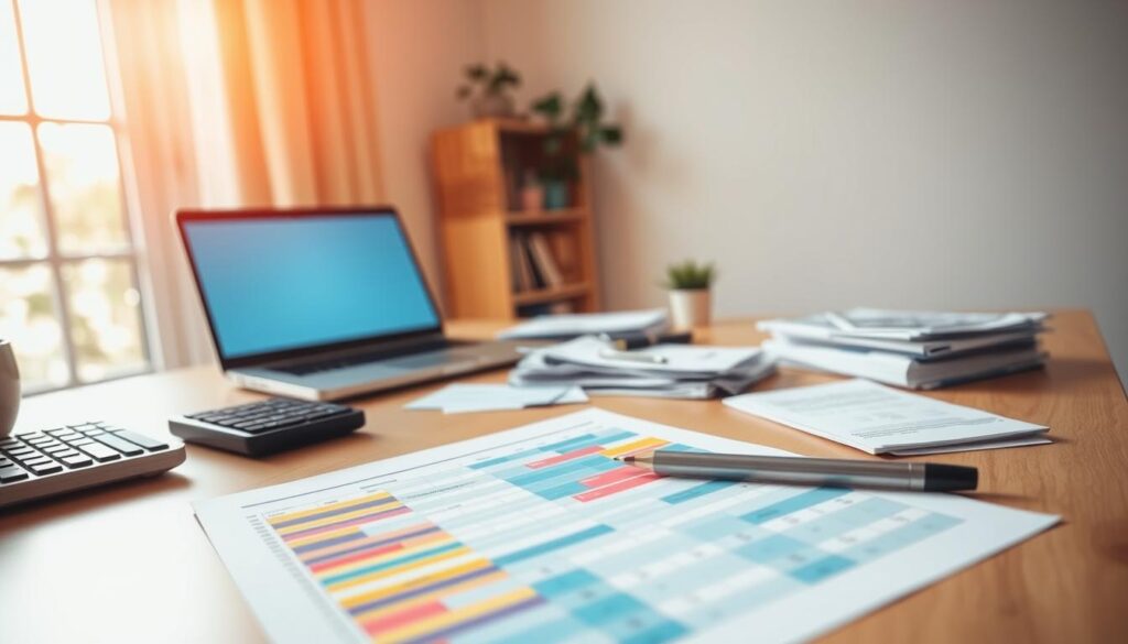 A neatly organized desk with a laptop, calculator, and various budgeting supplies. The scene is illuminated by warm, natural lighting filtering through a large window, casting a cozy, focused atmosphere. The foreground features a colorful spreadsheet or financial planning document, its columns and rows clearly visible. In the middle ground, there are stacks of receipts, bills, and a pen or pencil ready for note-taking. The background showcases a serene, minimalist office setting, emphasizing the importance of a tidy, uncluttered environment for effective budgeting. The overall impression is one of thoughtful organization and financial planning, inviting the viewer to engage with the process of budgeting.
