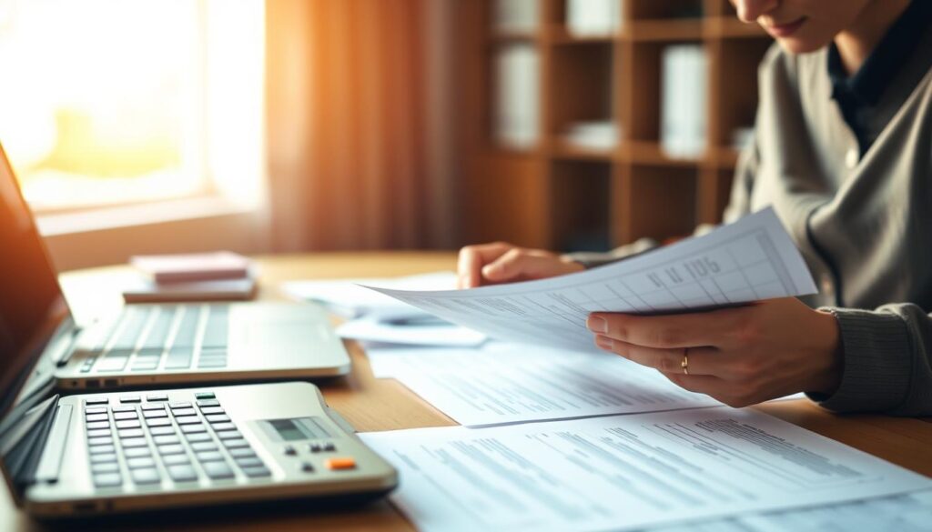 A neatly organized desk with a laptop, calculator, and various financial documents, illuminated by warm, natural lighting from a large window. In the foreground, a person's hands carefully reviewing loan documents, their expression thoughtful and focused. The background blurs softly, suggesting a tranquil, professional office setting. The overall mood conveys a sense of diligence, financial responsibility, and the importance of making an informed decision when taking out a first-time loan.