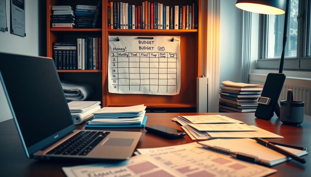 A neatly organized desk with a laptop, calculator, and various financial documents. Warm, directional lighting illuminates the scene, creating a focused, professional atmosphere. In the middle ground, a colorful, hand-drawn monthly budget chart hangs on the wall, showcasing effective money management techniques. The background features a partially visible bookshelf filled with financial planning guides, conveying a sense of expertise and diligence. The overall composition emphasizes the importance of proactive budgeting and financial organization in achieving financial stability and growth.