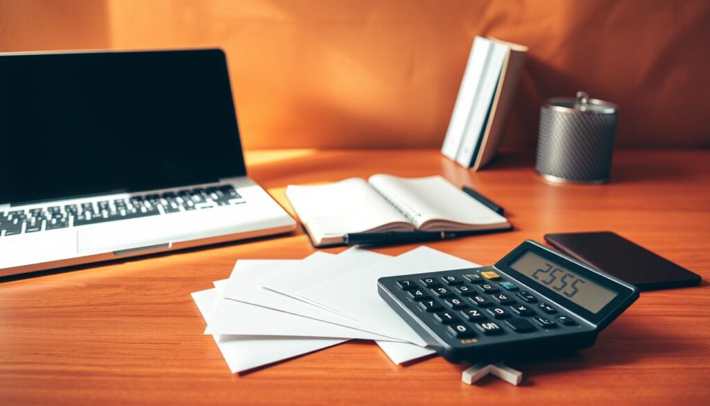 A neatly organized desk, with a laptop, pen, and notebook, against a warm, earthy-toned background. The desk surface is clean, with a sense of order and focus. Soft, natural lighting illuminates the scene, creating a calming and productive atmosphere. In the foreground, a calculator and several envelopes hint at the task at hand - budgeting and financial planning. The overall composition conveys a sense of structure, control, and a thoughtful approach to securing a stable financial future.