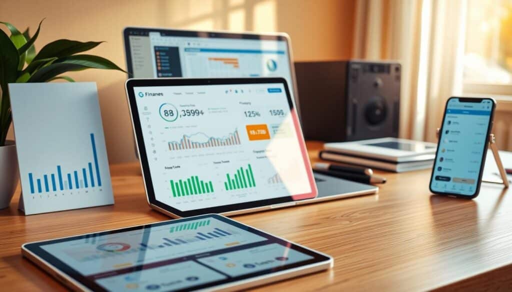 A neatly organized desktop featuring a variety of digital finance tools, including a minimalist budgeting app, a stock tracking dashboard, and a cloud-based accounting software. The scene is illuminated by warm, natural lighting, creating a calm and productive atmosphere. In the foreground, a sleek tablet displays interactive financial charts and graphs. The middle ground showcases a laptop with spreadsheet software, while the background features a smartphone displaying mobile banking options. The overall composition conveys a sense of efficiency, control, and financial mastery.