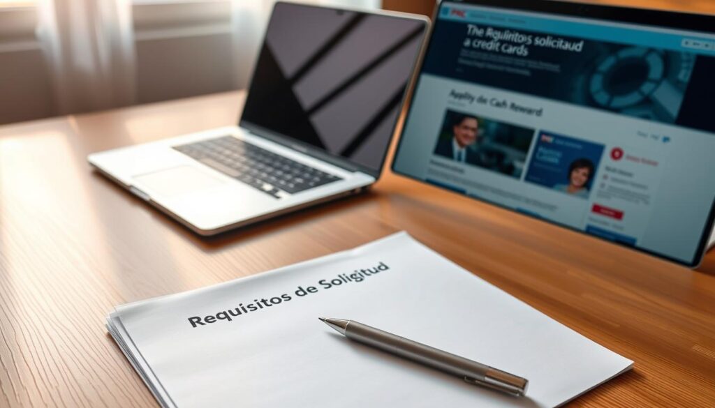 A neatly organized desktop, with a laptop computer, a stack of papers, and a pen resting on a wood-grain surface. Soft natural lighting filters through a window, casting a warm, inviting glow. The papers display a formal application form titled "Requisitos de Solicitud" in a clean, legible font. The laptop screen shows a web page with details about applying for a PNC Cash Rewards credit card. The scene conveys a sense of diligence, professionalism, and the practical steps involved in the application process. A neatly organized desktop, with a laptop computer, a stack of papers, and a pen resting on a wood-grain surface. Soft natural lighting filters through a window, casting a warm, inviting glow. The papers display a formal application form titled "Requisitos de Solicitud" in a clean, legible font. The laptop screen shows a web page with details about applying for a PNC Cash Rewards credit card. The scene conveys a sense of diligence, professionalism, and the practical steps involved in the application process.