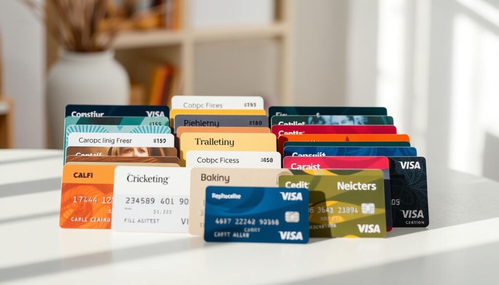 A neatly organized display of various credit card options, each with a clear indication of its associated budget range. The cards are arranged in a visually appealing manner, with a sense of hierarchy and contrast, allowing the viewer to easily identify the most suitable options based on their financial constraints. The scene is illuminated by a soft, natural light, creating a calm and inviting atmosphere. The background features subtle, blurred elements that complement the primary focus on the credit cards, ensuring the viewer's attention is drawn to the key information. The overall composition conveys a sense of thoughtfulness and practicality, guiding the viewer towards making an informed decision about their credit card selection.